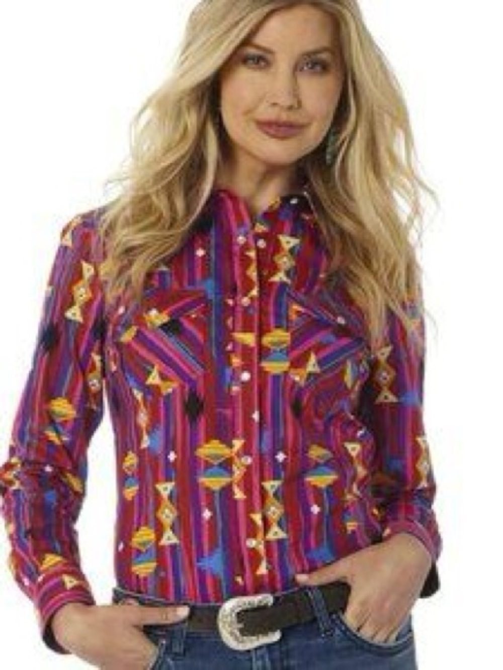 Wrangler Retro Western Shirt Womens Small Aztec Rodeo Cowgirl Pearl Snap Ranch